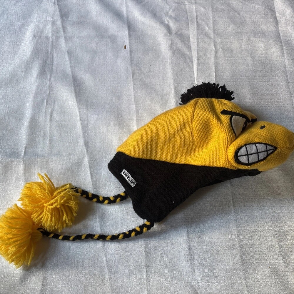 Iowa Hawkeyes Herky the Hawk Knit Stocking Cap with Braids and Pom Black Gold